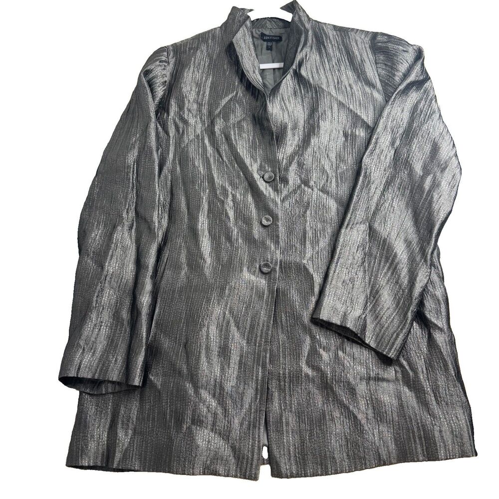 Eileen Fisher Silk Blend Pewter Crinkle Blazer Jacket Button Top Longline Lined